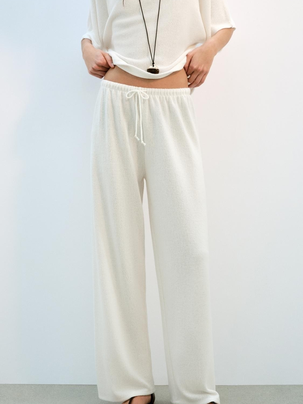 Zara Cream Wide Leg Loungewear Drawstring Pants Size Large